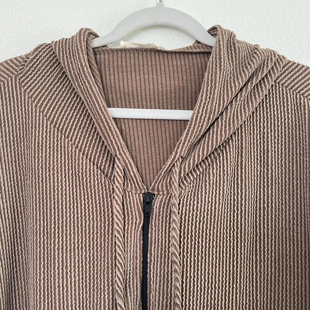 Brown Ribbed Zip-Front Hoodie